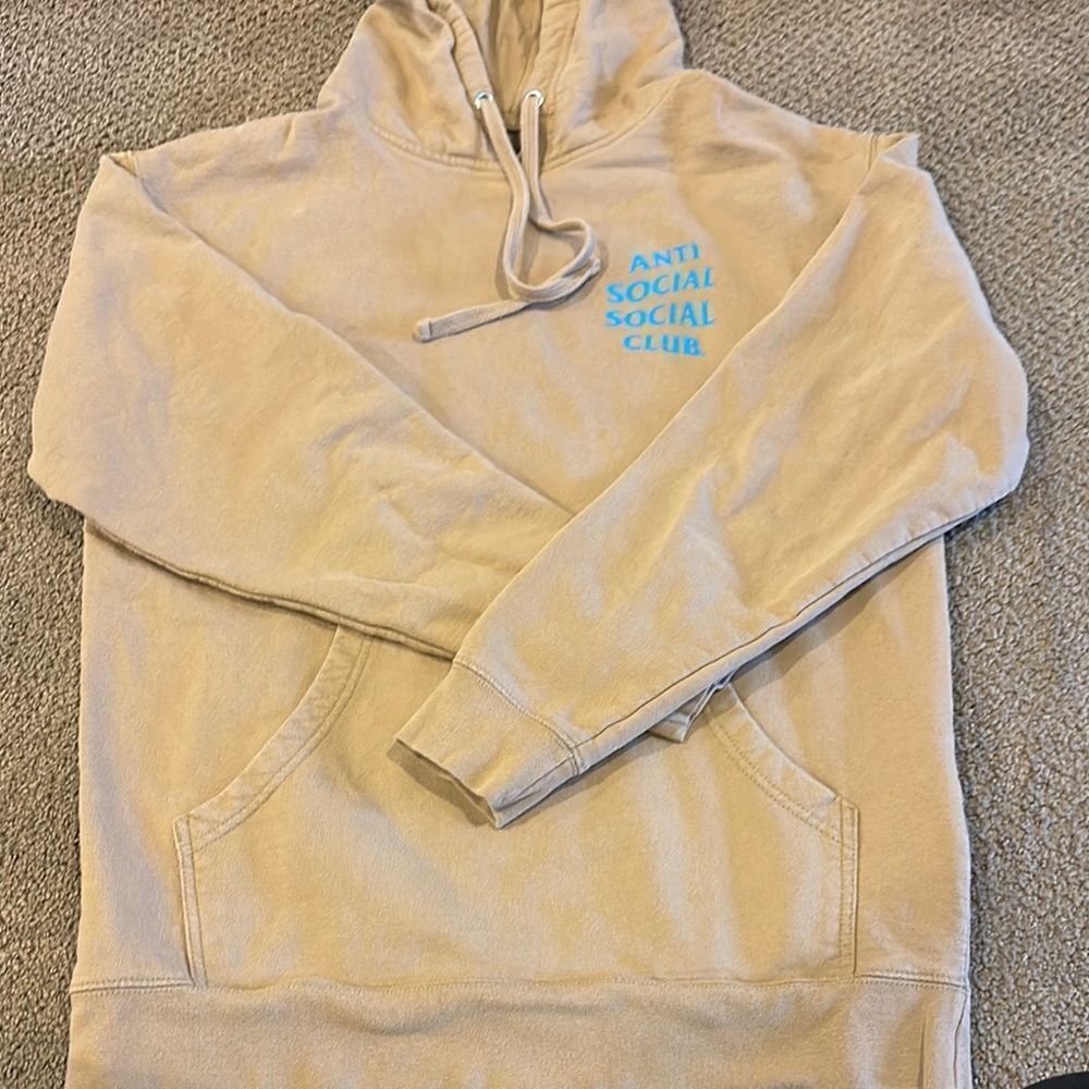 Anti Social Social Club Tan Hoodie with Light Blue Text - Size M
